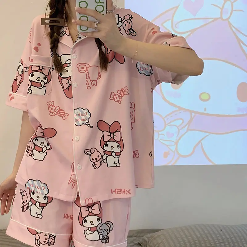 

Kawaii Sanrios аниме MyMelody Cinnamoroll Kuromi милые Мультяшные пижамы женские летние кардиганы с коротким рукавом с принтом женский подарок