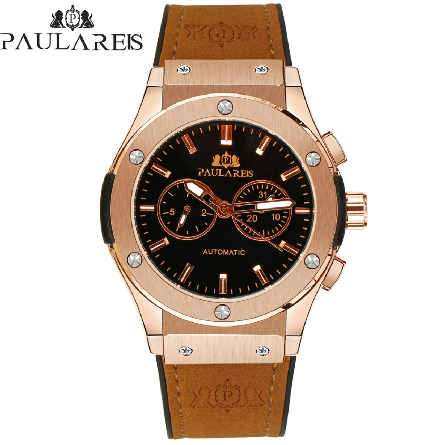 Men Automatic Self Wind Mechanical Rose Gold Silver Black Case Brown Leather Rubber Strap Casual Sports Geneve Watch