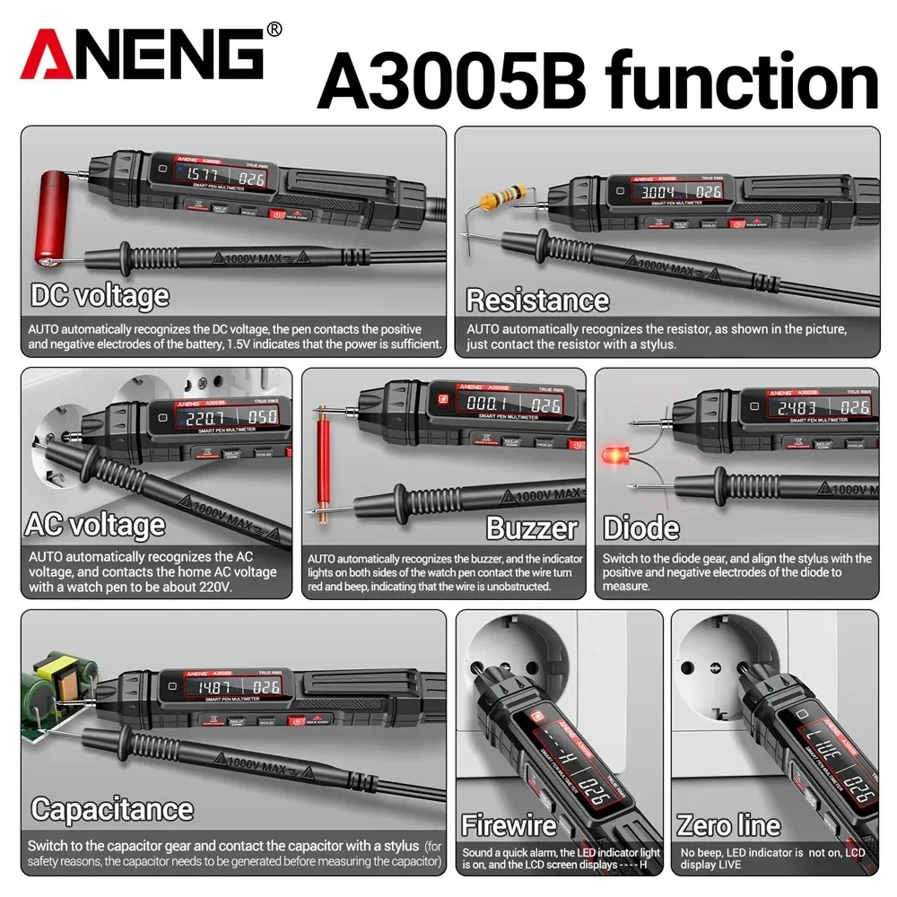 Фото Цифровой мультиметр ANENG A3005B на 6000 измерений: измерение переменного/постоянного напряжения, тока, сопротивления, температуры, диодов, контроль последовательности фаз, измеритель-ручка, инструменты №1