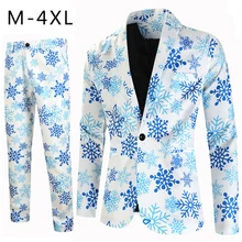 X-mas Snowflake Printing Mens Suit Sets Fashion Party Stage 2 Piece Suits for Men Blazer and Pants Christmas Costume Clothes 4XL