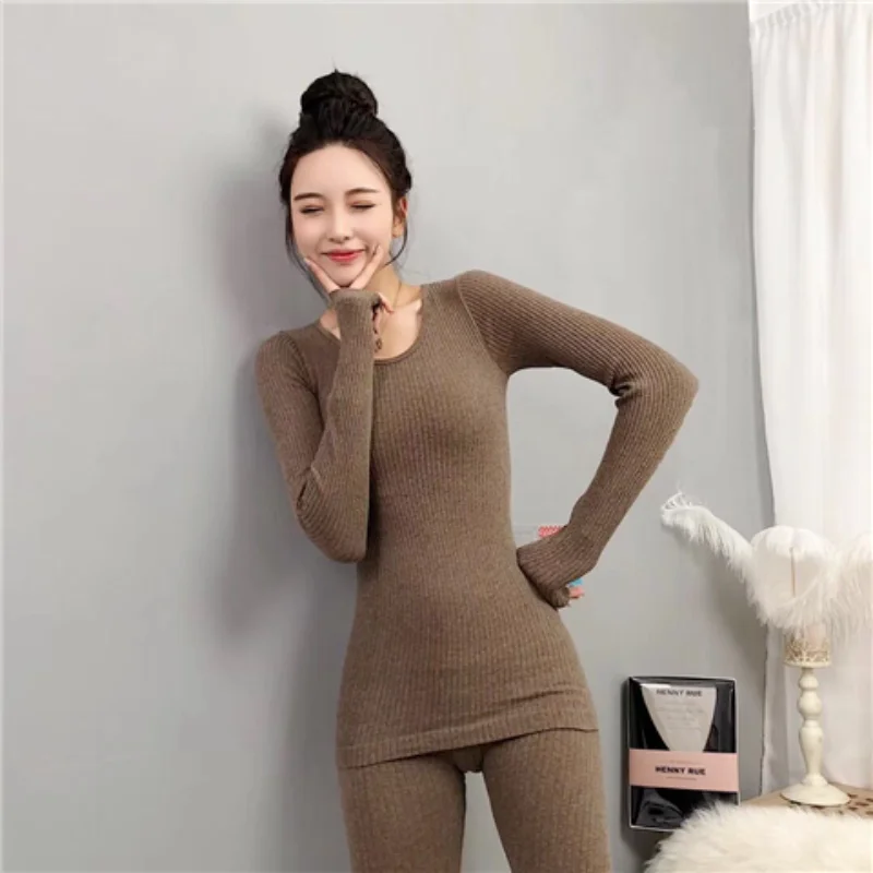 

Winter thermal underwear set quilted vertical strip bottoming shirt body bear Qiuyi long johns cotton sweater Long Johns Women