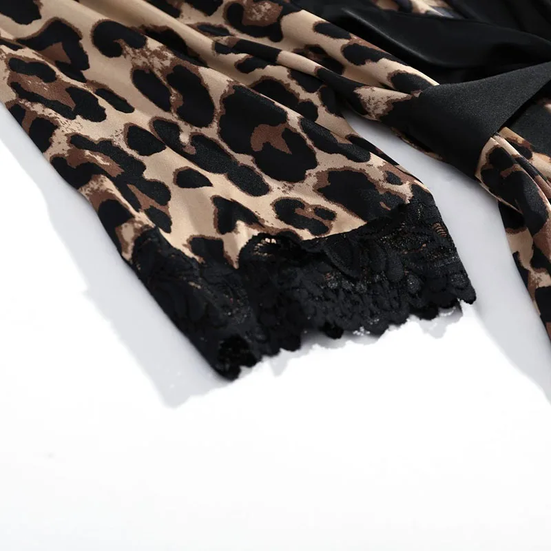 Women's Sleepwear 2 Pcs Sets Satin Silk Sleepwear Leopard Print Robe Nightgown and Sling Lace Mini Dress Pajamas Set