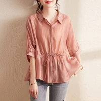 korean fashion shirring batwing half sleeve pullover blouses woman 2022 summer new casual lapel all match loose oversized shirts