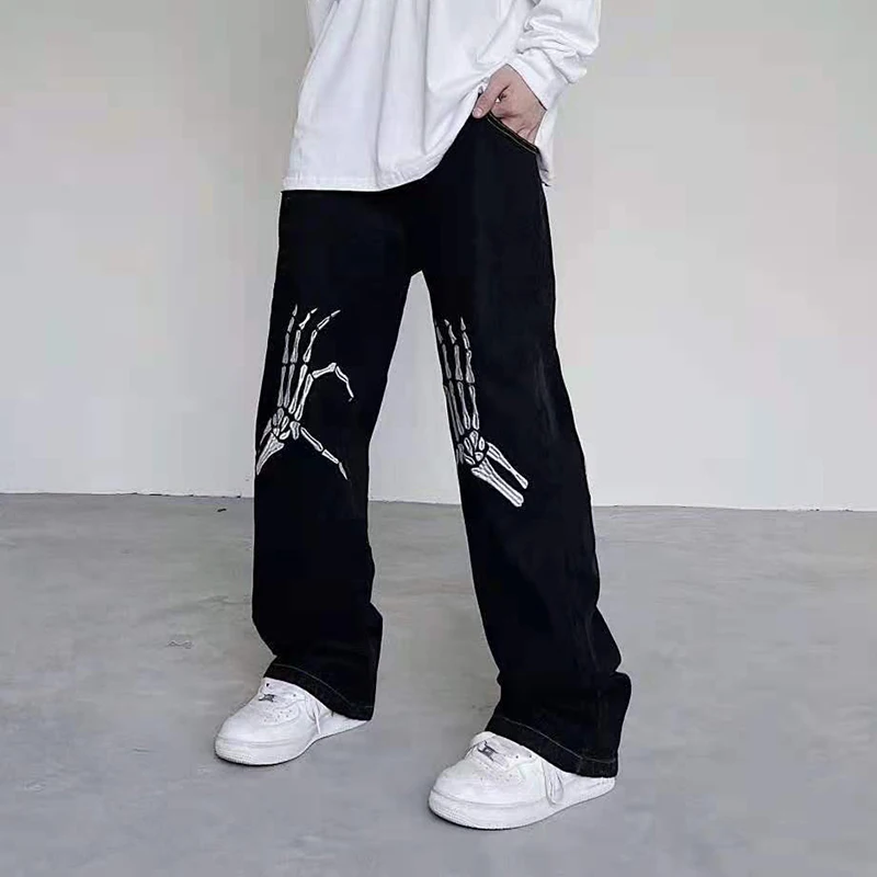 

Y2k Emo Men Casual Harajuku Black Alt Skull Embroidery Hip Hop Jeans Fairy Grunge Straight Wide Leg Pants Streetwear Clothes