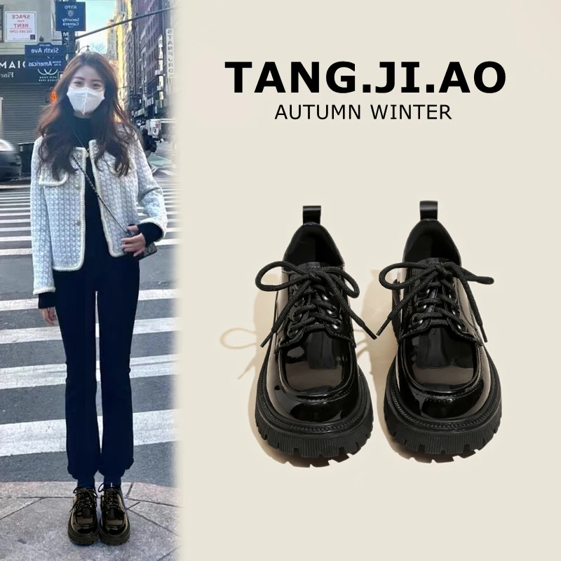 

Women's Shoes Platform All-Match Patent Leather Ballet Flats Female Footwear British Style Loafers With Fur Shallow Mouth Oxford