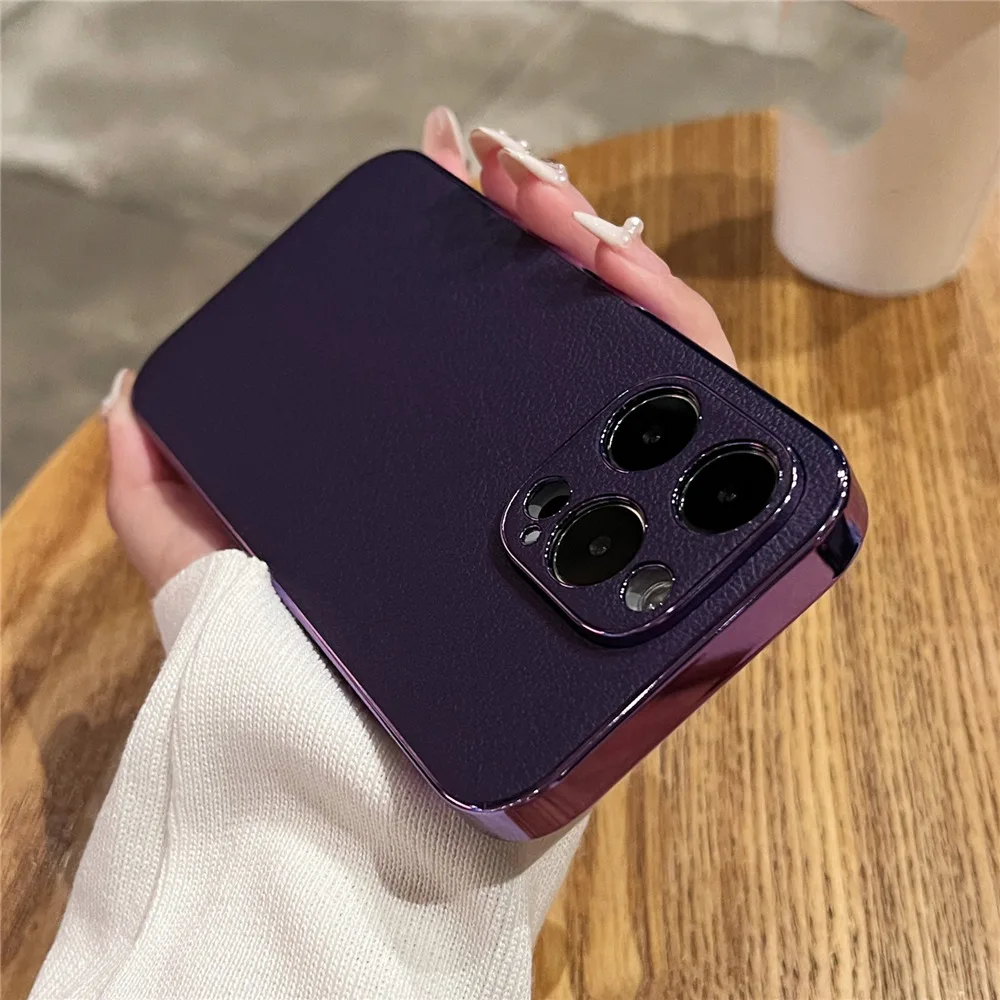Luxury Lambskin Leather Plating Phone Case For iPhone 14 13 12 11 Pro Max 13Pro 14 Plus Shockproof Bumper Lens Protection Cover