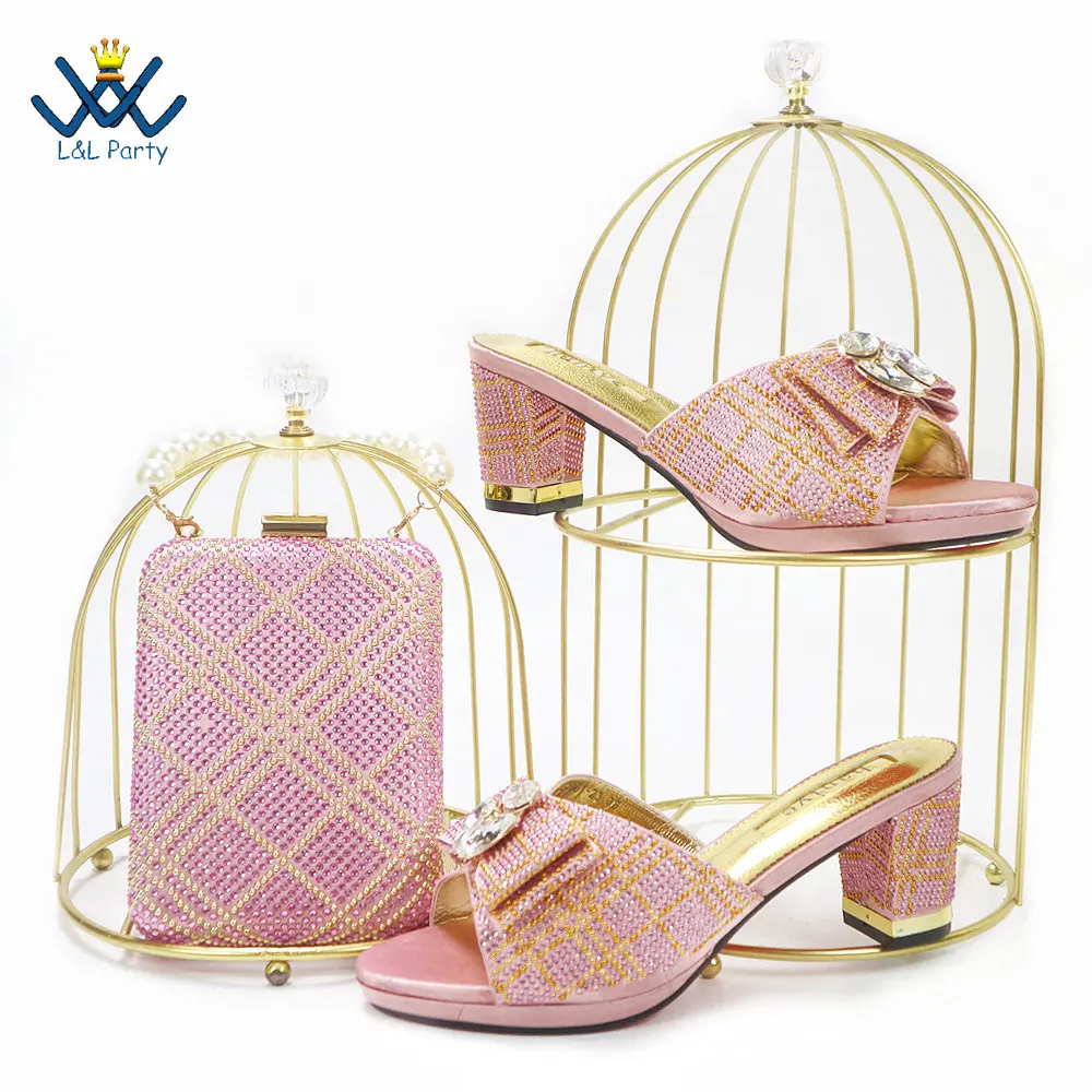

Classics Style New Coming High Quality Nigerian Women Shoes Matching Bag in Pink Color Comfortable Heels Slipper for Wedding