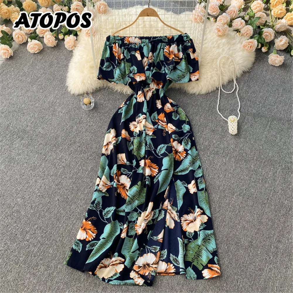 

Atopos Women Printed Beach Summer Dress Off Shoulder High Waist Midi Dresses Holiday Sundress Vestidos Robe Female Clothing 2022