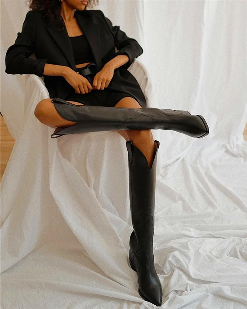 2022 Winter Women Black Western Boots Wedge Heels Knee High Boots Shoes Fashion Slip On Pointed Toe Cowgirl Boots