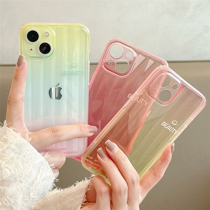 

Lovely Gradient Rainbow Smile Pattern Case For iPhone 14 13 11 12 Pro Max Luxury Aurora Vertical Stripes Clear Shockproof Cover