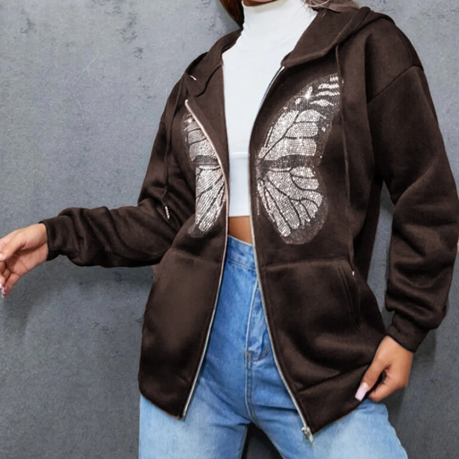 Butterfly Rhinestone Graphic Hoodie Women Brown Zip Up Sweatshirt Streetwear Jacket Clothes Vintage Pockets Long Sleeve Coat Y2k