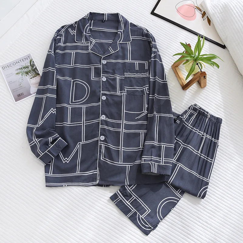 

Men Cotton Sleepwear Summer Home Clothes Print 2Pcs Pajamas Set Casual Nightwear Cozy Button Tops Loose Homewear Loungewear