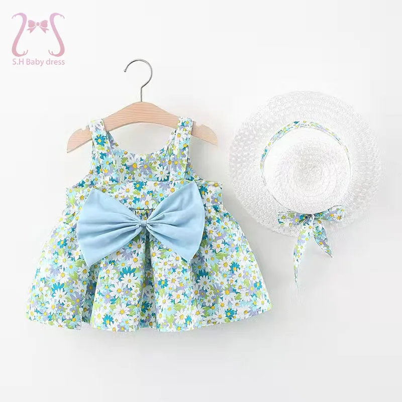 

2pcs Summer Baby Girl Flower Dress Sweet Bow Beach Children Clothes Set Fashion Toddler Kids Costume 0 To 3 Years Infant