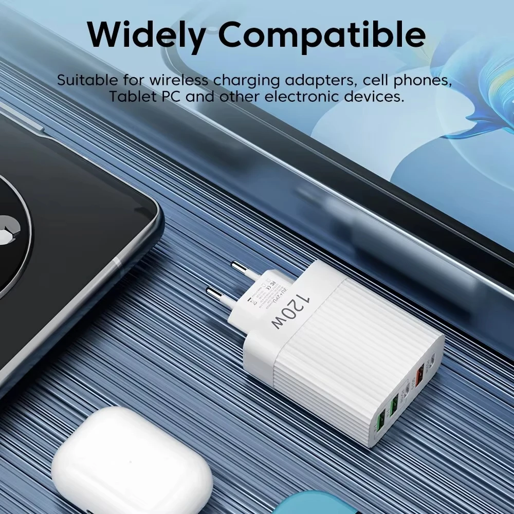 5-портовое зарядное устройство USB PD 120 Вт 3USB-A+2USB-C QC3.0 Настенное для быстрой зарядки