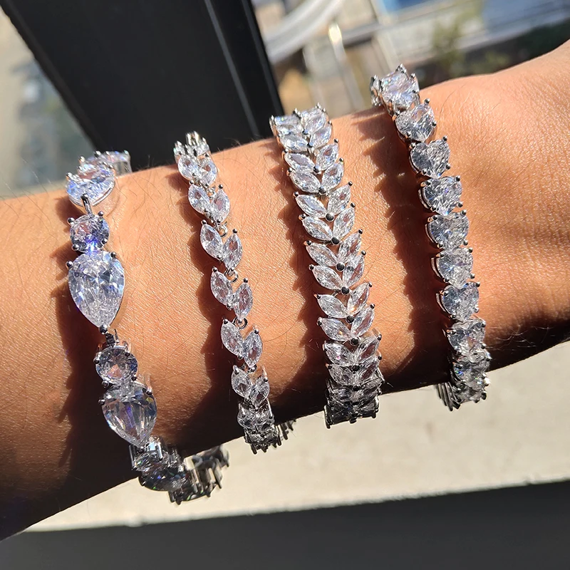 

UILZ Cubic Zirconia Tennis Bracelets for Women Iced Out Leaf Drops Silver Color Bracelet Men Zircon Armband CZ Pulseras Jewelry