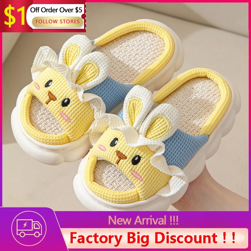 

2023 New Cute Cartoon Slipper Women Indoor Linen Casual Thick Bottom Sandals Bedroom Linen Slipper Children Spring Home Shoes