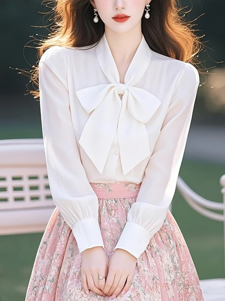 Корейская серия шифоновые рубашки с длинными рукавами и бантом женские весенние