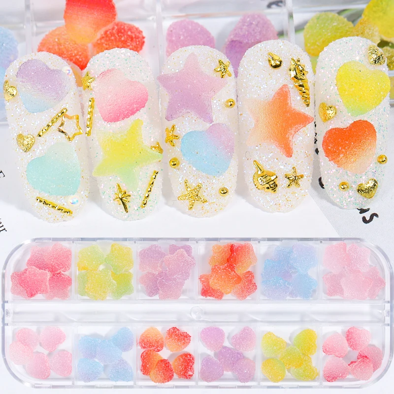 

12Grids Fake Candy Resin Heart Gummy Nail Art Decorations Cute Star Heart Nail Rhinestone Charms DIY CraftNail Accessories Parts