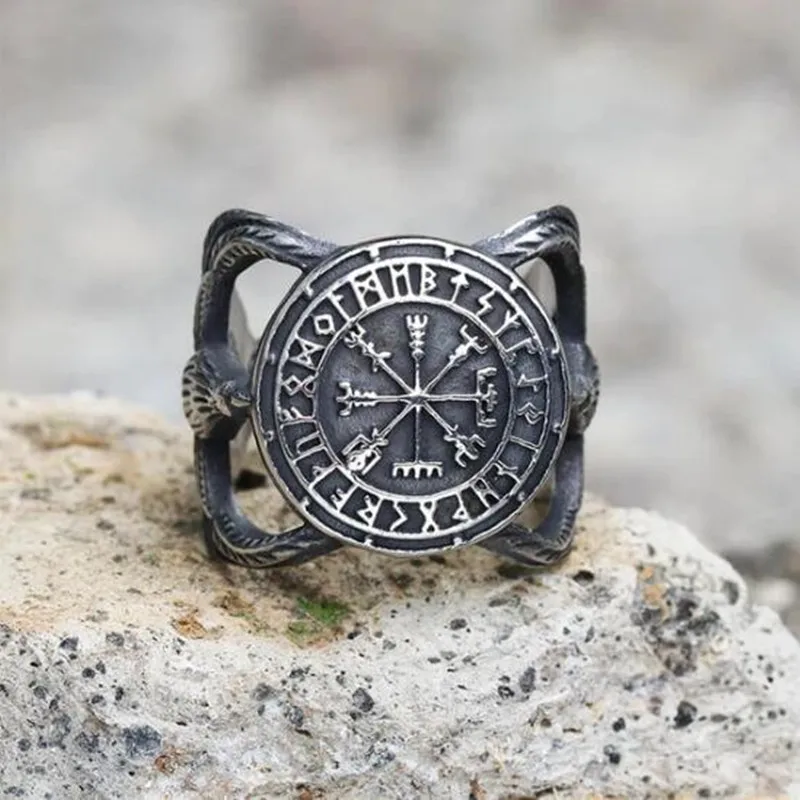 

Secret Boys Vintage Vegvisir Raven Runes Amulet Jewelry Stainless Steel Viking Ring for Men Wholesale