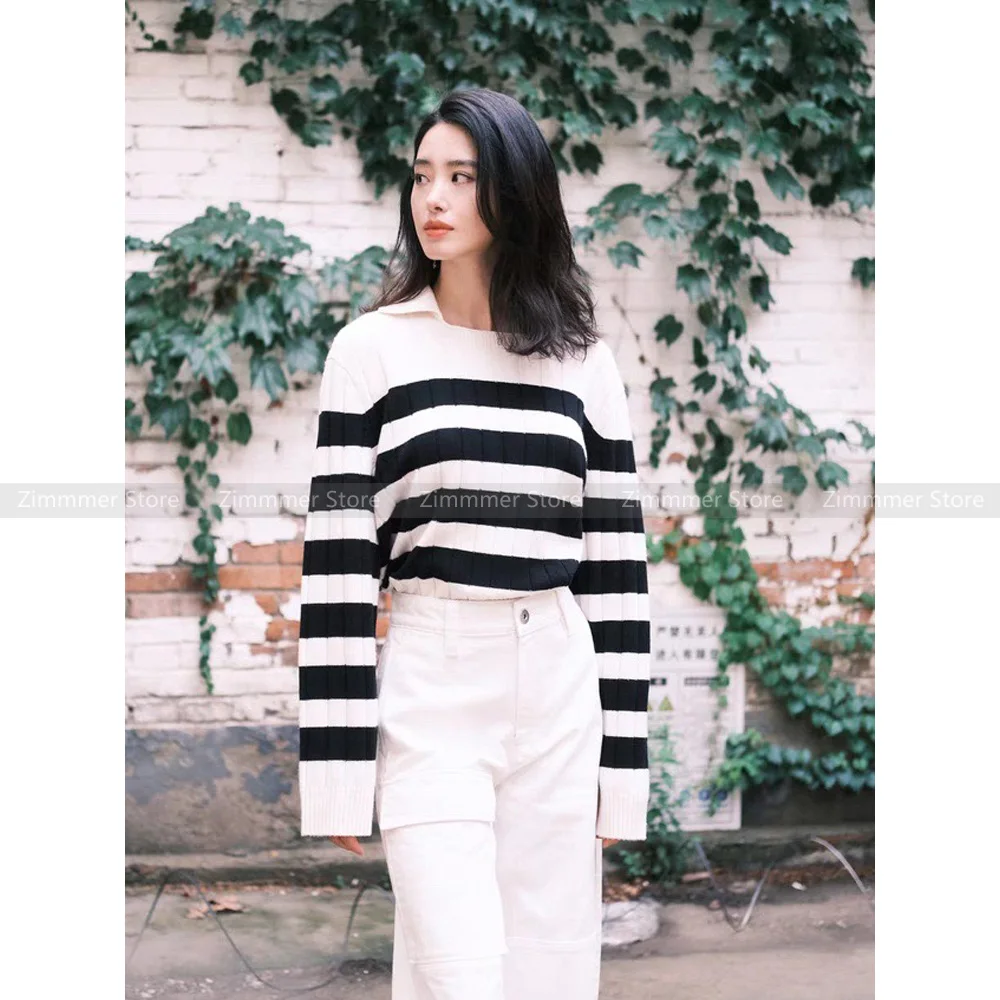 

Новинка Осень-зима 2023, повседневный Свободный вязаный свитер в черно-белую полоску с длинным рукавом, Женский Топ
