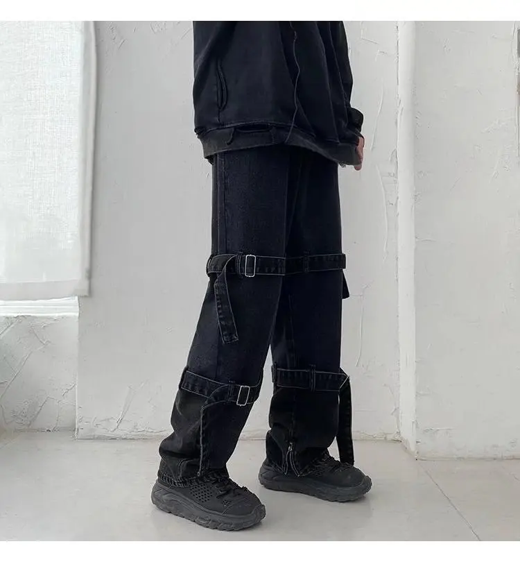 Four Seasons Hip Hop Jeans Men Fashion Pocket Blue/Black Loose Jeans Men Street Loose Hip Hop Straight Cargo Pants Men Trousers