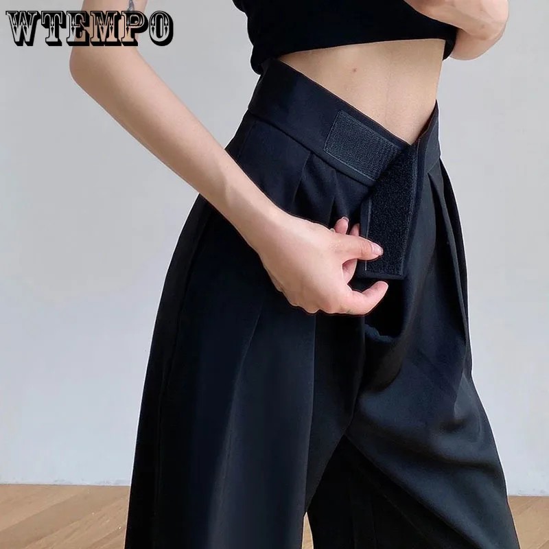 

Solid Black Casual Pants Women Empire Wide Leg Trousers Office Lady Adjustable Waist Mopping Draped Baggy Elegant Tender Popular