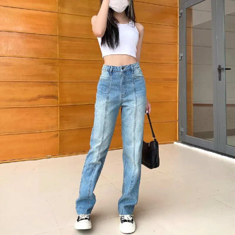 

Women's Clothing Spring and Autumn Blue Washed Jeans Korean Style Female High Waist Loose Casual Straight Denim Pants Trousers