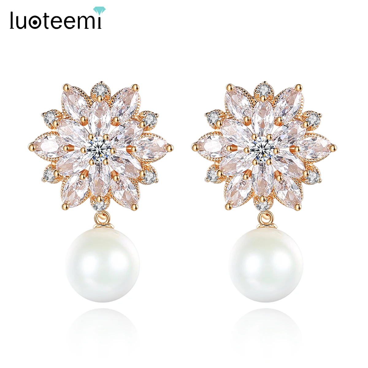 LUOTEEMI Gold Color Daisy Flower Pearl Drop Earrings for Women New Design Elegant Wedding Engagement Accessories for Bridal