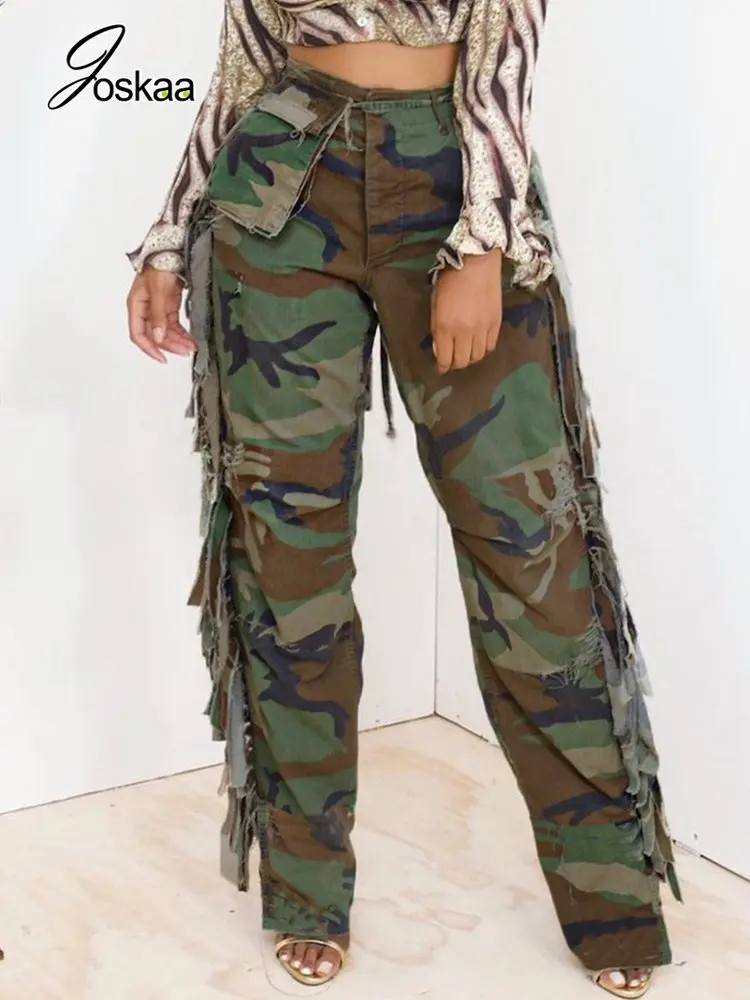 

Joskaa Women Hipster Tassel Pockets Camouflage Pants Autumn 2022 Casual High Wasit Straight Trousers High Street Female Bottoms