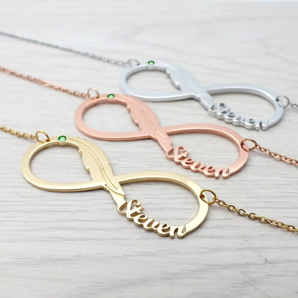 

Personalized Name Necklace Infinity Necklace Mother Jewelry Friendship Gift Feather Infinity Necklace Gold Nameplate Pendant