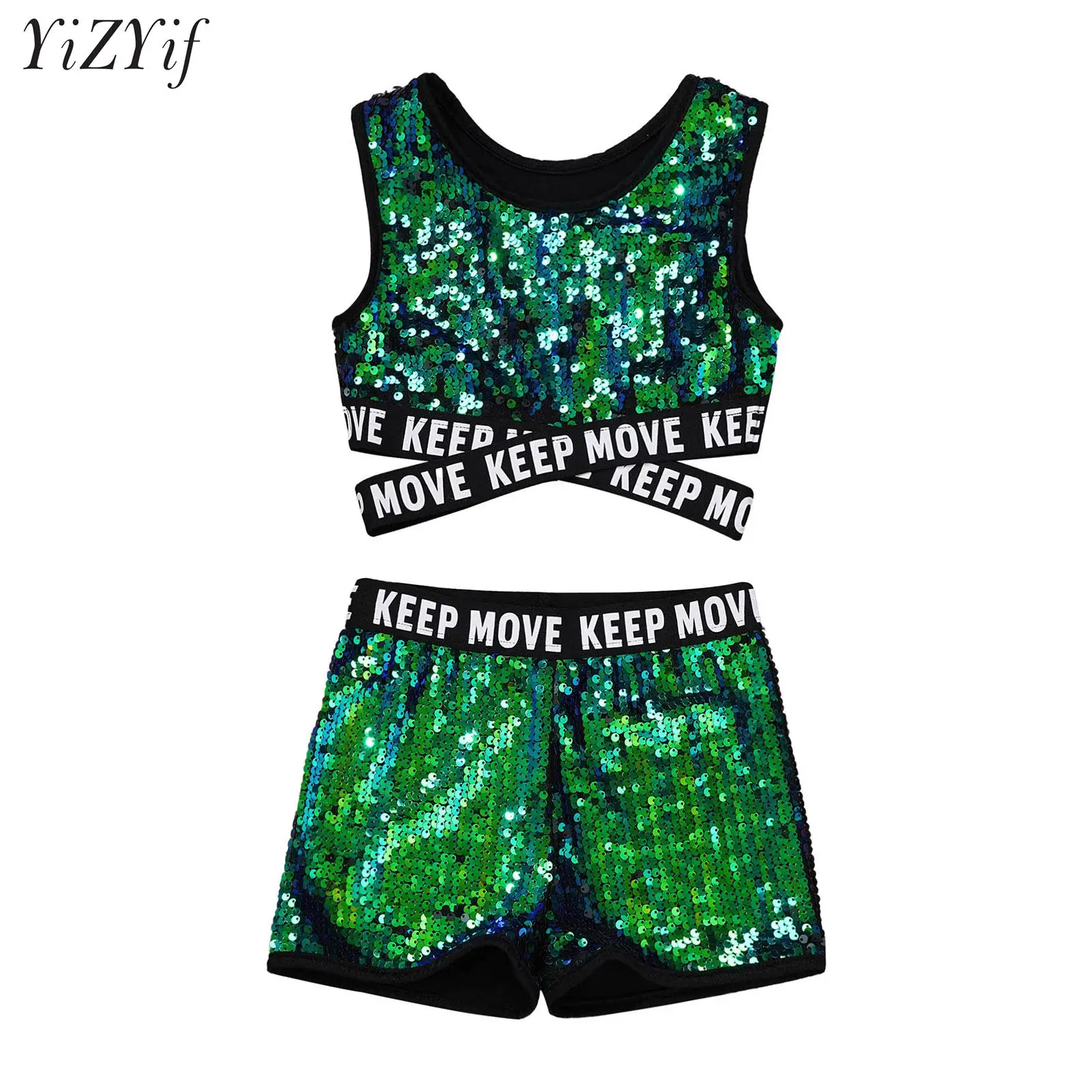 

Kids Girls Shiny Sequins Jazz Dance Costume 2 Piece Letter Print Criss Cross Tank Top with Shorts for Ballroom Stage Performance