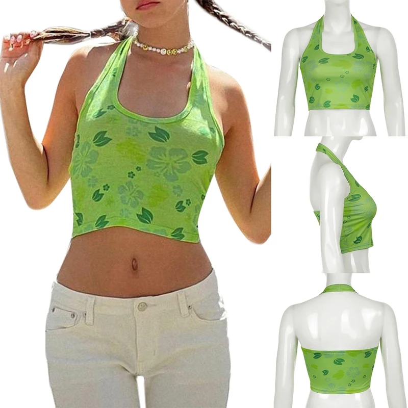 

Floral Green Corset Tops Y2K Cute Crop Top Patched Sleeveless Skinny Tank Tops Female Basic Summer Halter Tee Vintage