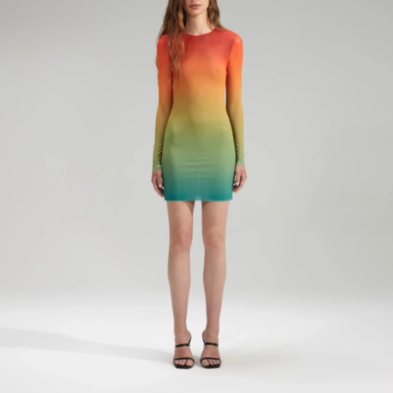 

Новинка 2023, весенне-летнее высококачественное цветное полупрозрачное облегающее мини-платье с эффектом омбре, сексуальное женское блестящее дизайнерское платье