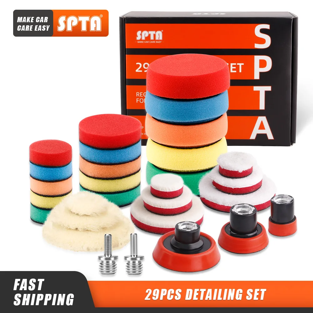 SPTA 29Pcs 1/2/3 Inch Foam Polishing Wool Pad Back Plate Sponge M14 Adapter Kit for Car Rotary Polisher Waxing Drill