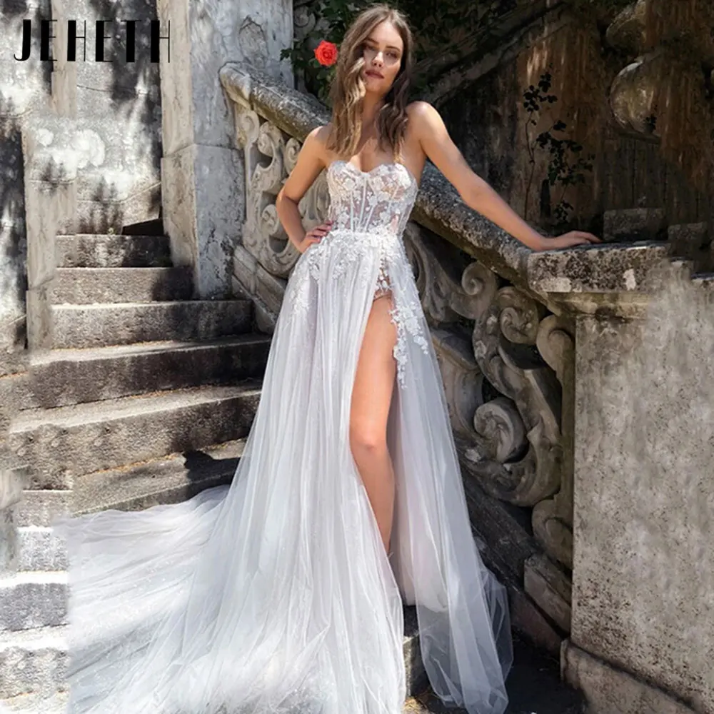 

JEHETH Bohemia A-Line Lace Wedding Dresses Princess Sweetheart Sleeveless Bridal Gowns Applique Side Split Vestido De Novia 2024