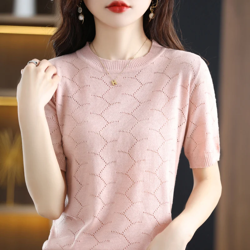 

S-XXLNew T-shirt Ladies Solid Color Hollow Knit Wool Refined Imitation Short Sleeve Thin Sweater O Neck Pullover Women's T-Shirt