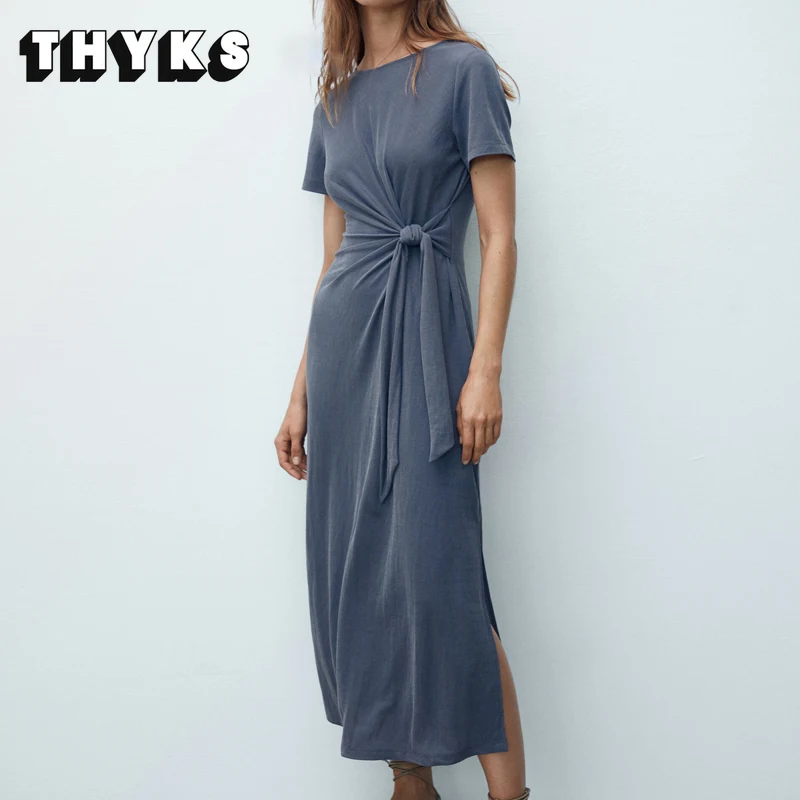 

2022 Ladies Sundress Fashion Chic Simple Casual Ladies Stretch Side Slit Dress Slim Fit New Long T-Shirt Tie Dress Robe