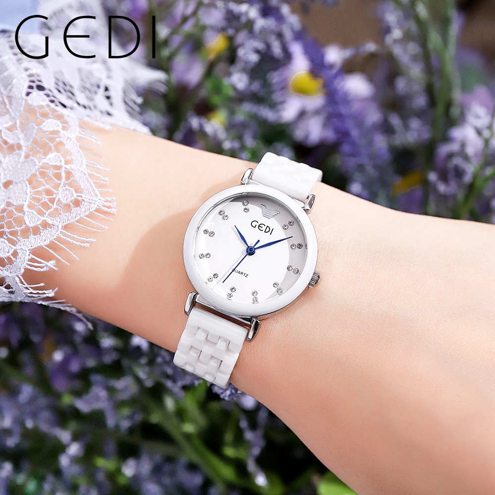 GEDI Fashion White Ceramics Women Watches Elegant 30M Waterproof Diamond Scale Ladies Quartz Watch Gift for Girls Reloj Mujer