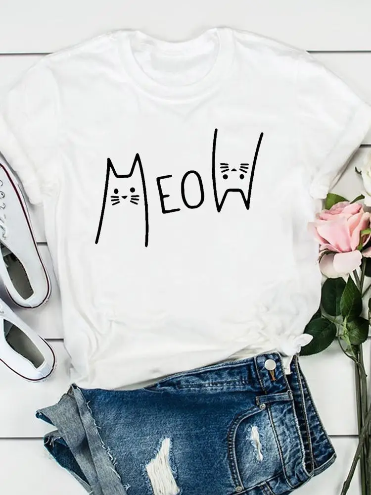 

Fashion Print Short Sleeve Tee Women Clothes T Female Cat Lovely Animal Sweet New Clothing Summer Casual Graphic T-shirts
