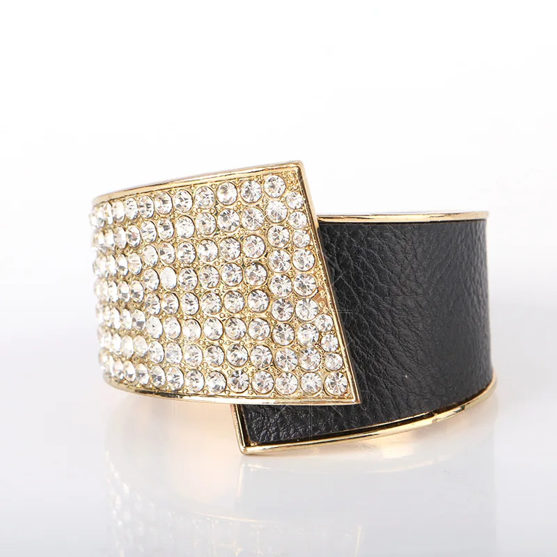 

Luxury Designer Crystal Pu Leather Open Cuff Bangle Bracelet Jewelry for Women браслет манжета женский