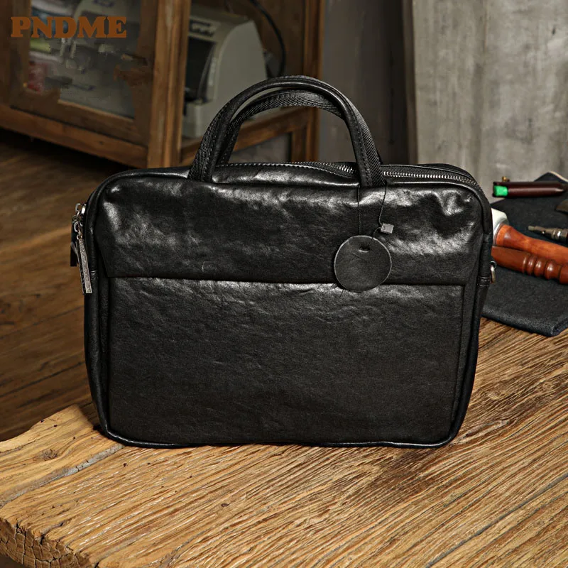 PNDME casual luxury genuine leather men's women's black briefcase business real cowhide laptop handbag travel messenger bag