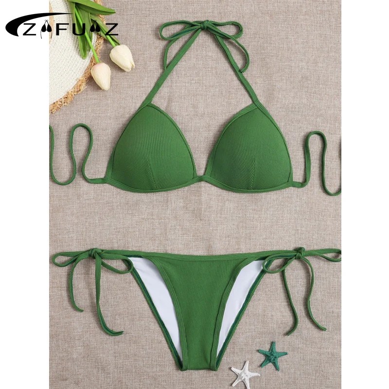 

Green Bikini Set Swimwear Women Striped Halter Micro Thong Ribbed Swimsuits Bikinis 2022 Mujer String Swimming Suit Biquinis
