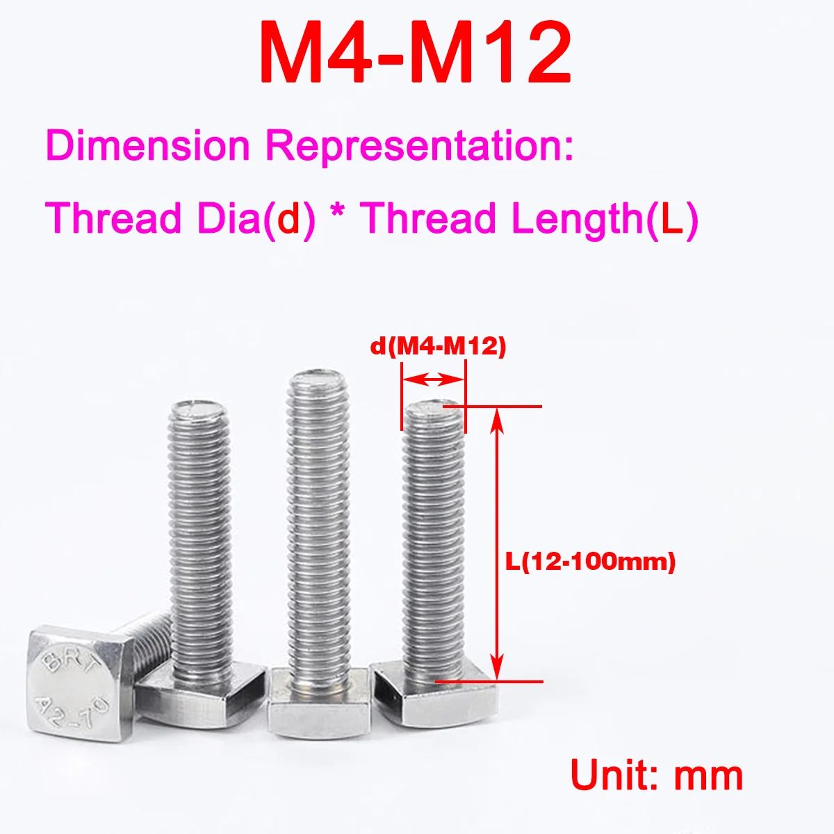

304 Stainless Steel Square Head Bolt, Square Screw, Steel Structure Screw M4-M12
