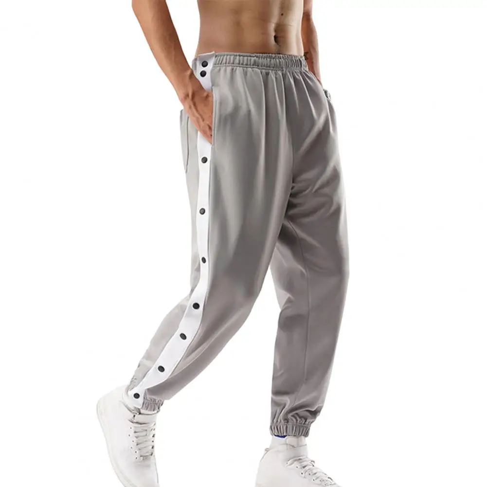 

Mid-Rise Elastic Waistband Pockets Side Buttons Closure Men Pants Splicing Basketball Training Sweatpants Daily Clothing