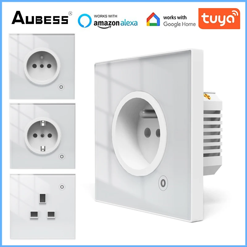 

Aubess UK EU FR WiFi Smart Wall Socket Glass Panel Outlet Power Monitor Touch Relay Voice Control Work With Alexa Google Home