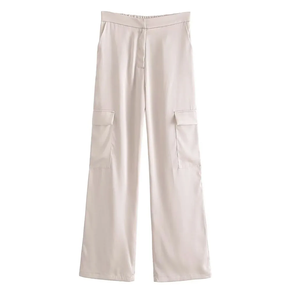 

PB&ZA Women 2023 Summer New Fashion Silk Sense Casual Versatile cargo pants Retro High Waist Back Elastic Female Pants