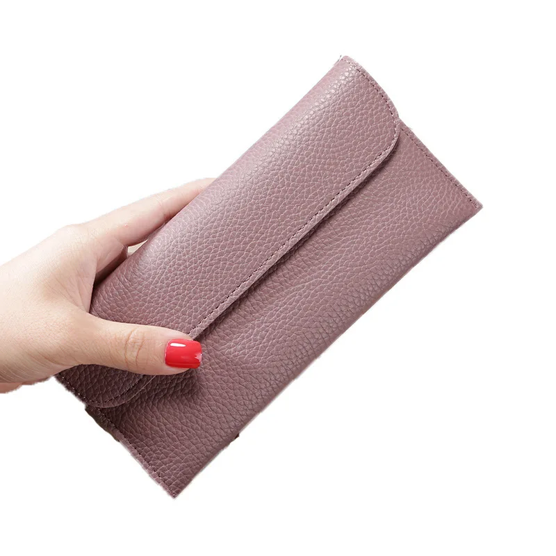 

Long Style Grain PU Leather Women Wallet Card Bag with Button Closure Large Capacity Solid Color Lychee Pattern Female Wallet