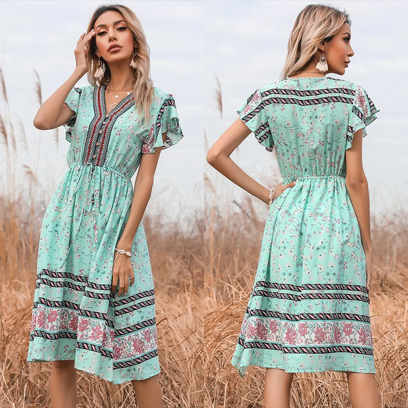 

Женская шикарная одежда с цветочным принтом, женское винтажное платье Бохо с коротким рукавом с оборками, платье-туника средней длины