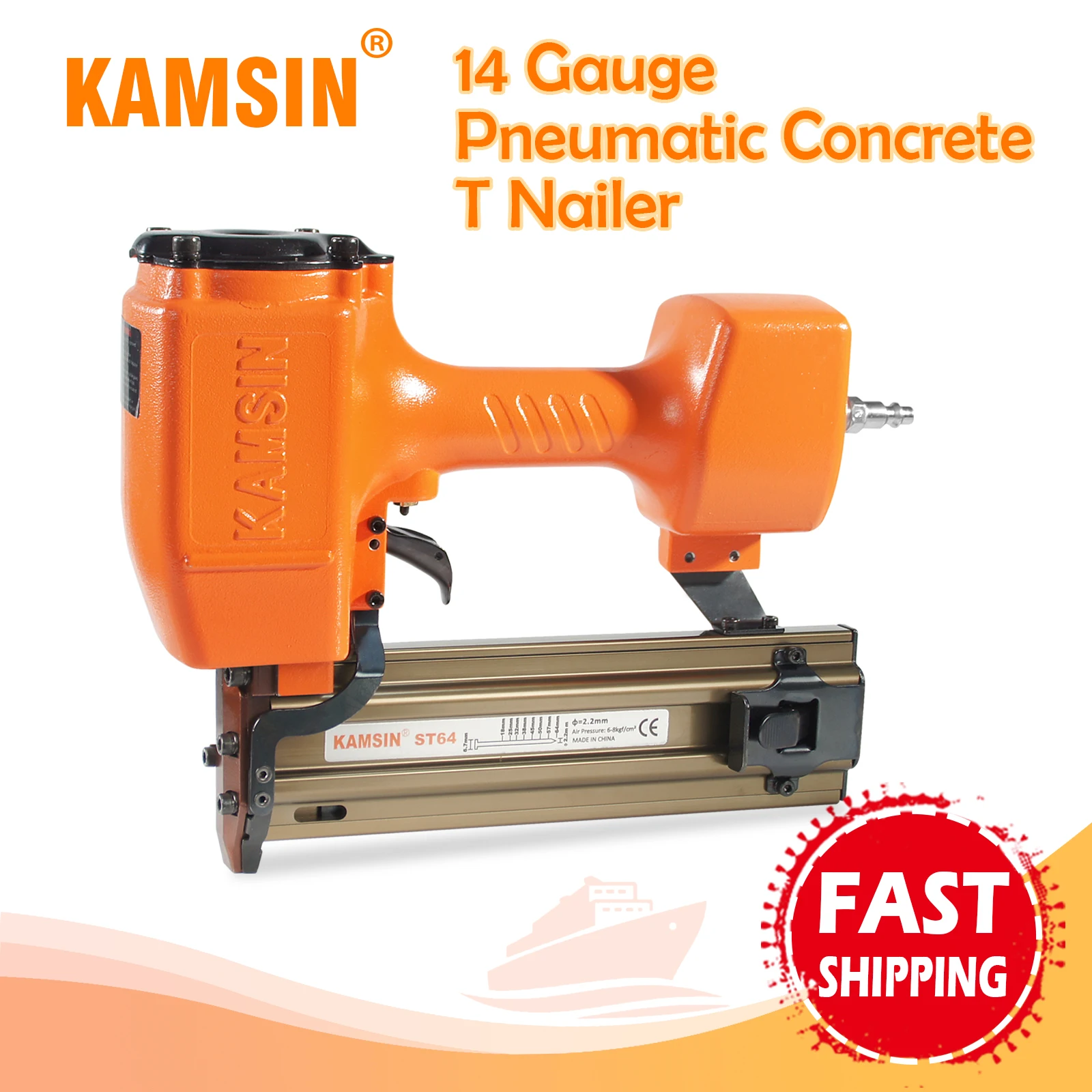 

KAMSIN ST64 14 Gauge Heavy Duty Pneumatic Concrete T Nailer, Fits 18-64mm Length Nails, for Concret, Baseboard