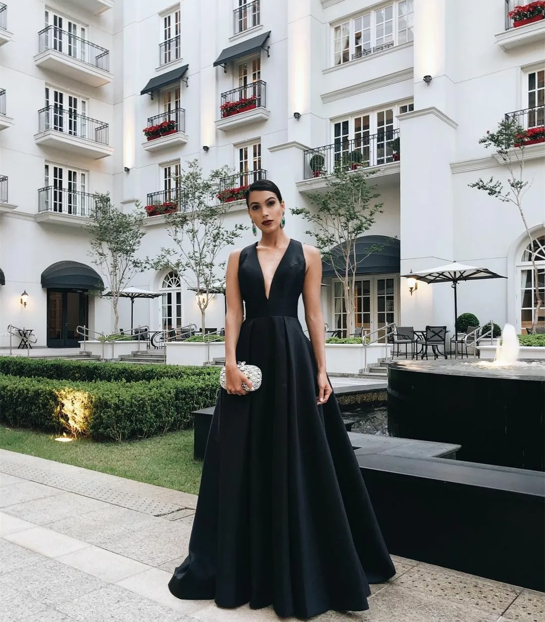 

Сексуальное длинное черное вечернее платье с V-образным вырезом и карманами, ТРАПЕЦИЕВИДНОЕ атласное платье в пол для выпускного вечера, официальное женское платье